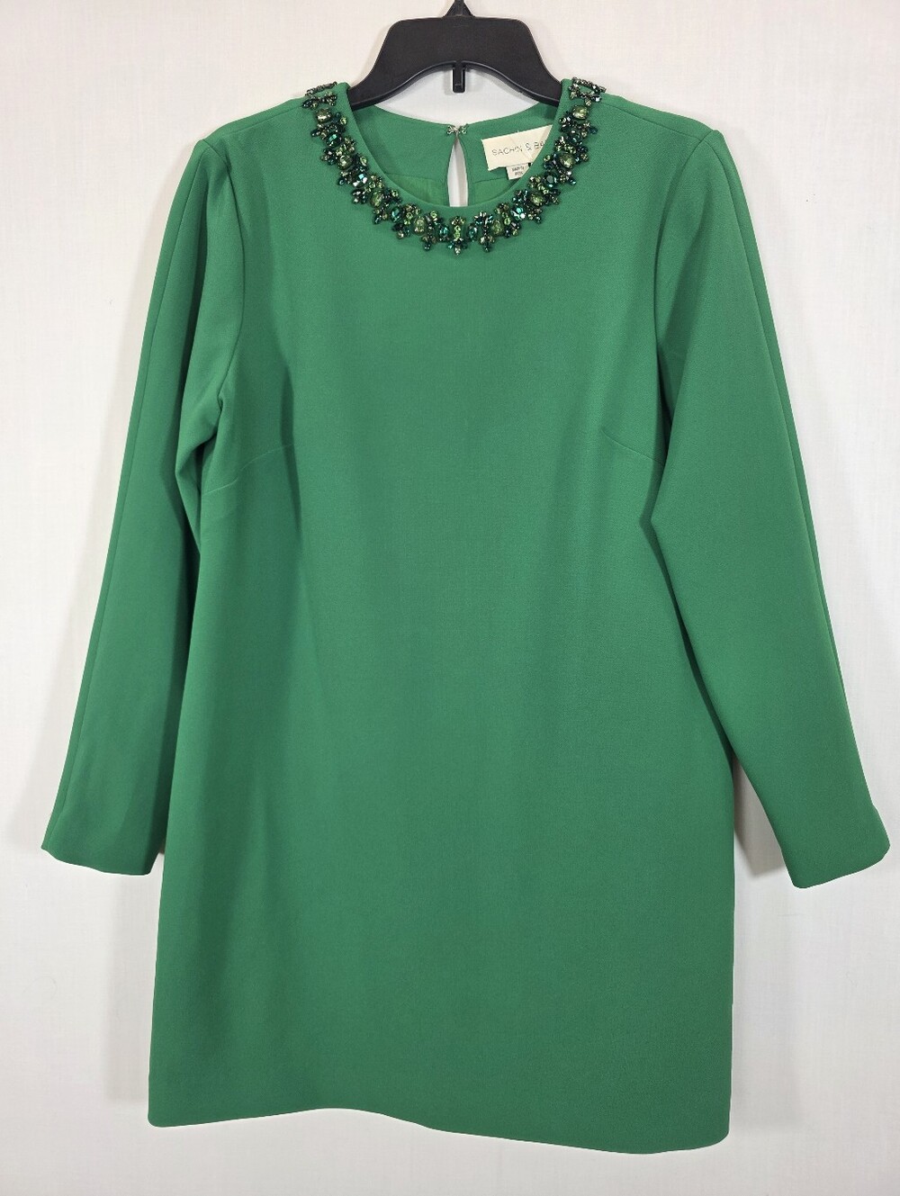 Sachin & Babi Emerald Green Embellished Neck Shift Dress Size 6 Long Sleeve